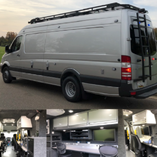 Montage of VA lab - top picture: outside of van; bottom three pictures show interior
